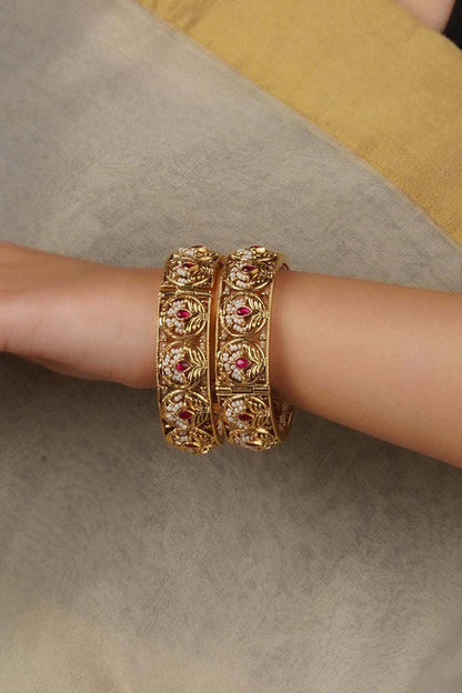 Gold Plated Uncut Polki & Beaded Jadau Bangles (Set Of 2)