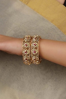 Gold Plated Uncut Polki & Beaded Jadau Bangles (Set Of 2)