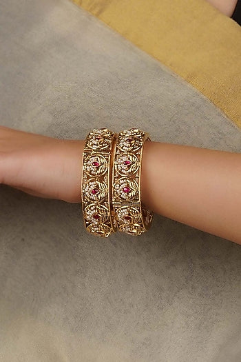 Gold Plated Uncut Polki & Beaded Jadau Bangles (Set Of 2)