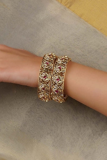 Gold Plated Uncut Polki & Beaded Jadau Bangles (Set Of 2)
