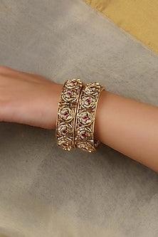 Gold Plated Uncut Polki & Beaded Jadau Bangles (Set Of 2)