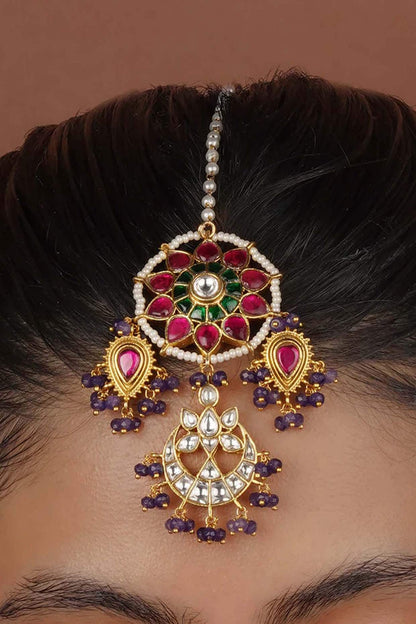 Gold Plated Uncut Polki & Beaded Jadau Maangtikka