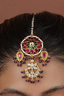 Gold Plated Uncut Polki & Beaded Jadau Maangtikka