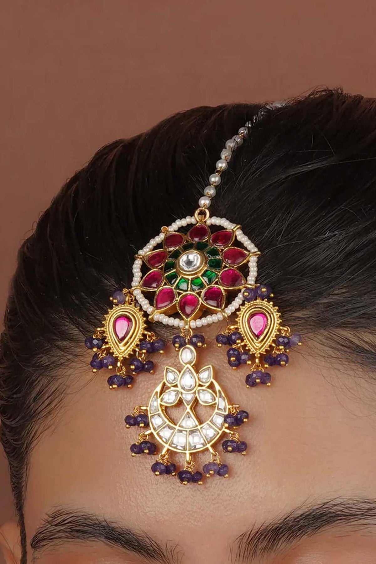 Gold Plated Uncut Polki & Beaded Jadau Maangtikka