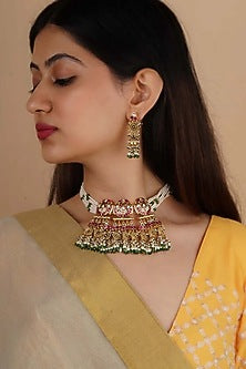 Gold Plated Uncut Polki & Beaded Jadau Choker Necklace Set