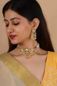Gold Plated Uncut Polki & Beaded Jadau Choker Necklace Set