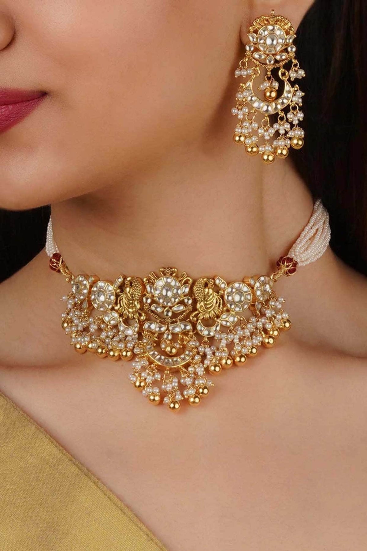 Gold Plated Uncut Polki & Beaded Jadau Choker Necklace Set