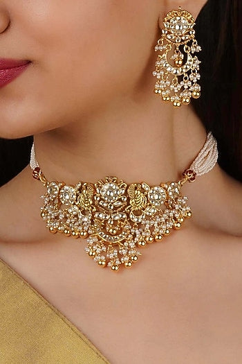 Gold Plated Uncut Polki & Beaded Jadau Choker Necklace Set