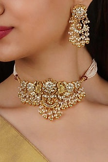Gold Plated Uncut Polki & Beaded Jadau Choker Necklace Set