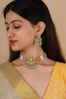 Gold Plated Uncut Polki & Beaded Jadau Choker Necklace Set