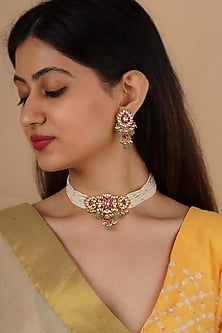 Gold Plated Uncut Polki & Beaded Jadau Choker Necklace Set