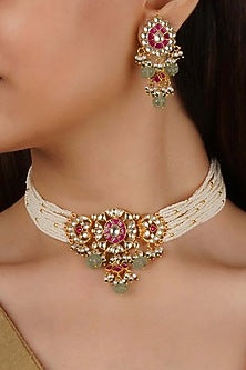 Gold Plated Uncut Polki & Beaded Jadau Choker Necklace Set