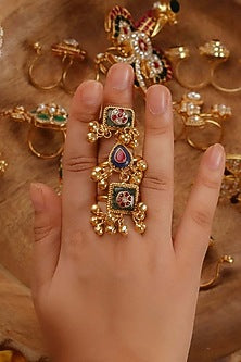 Gold Plated Uncut Polki & Beaded Jadau Ring