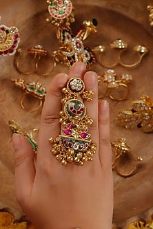 Gold Plated Uncut Polki & Beaded Jadau Ring