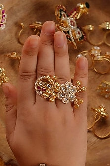 Gold Plated Uncut Polki & Beaded Jadau Ring