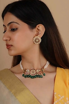 Gold Plated Uncut Polki & Beaded Jadau Choker Necklace Set