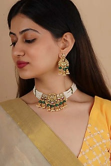 Gold Plated Uncut Polki & Beaded Jadau Choker Necklace Set