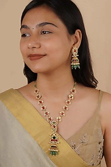 Gold Plated Uncut Polki & Beaded Jadau Long Necklace Set