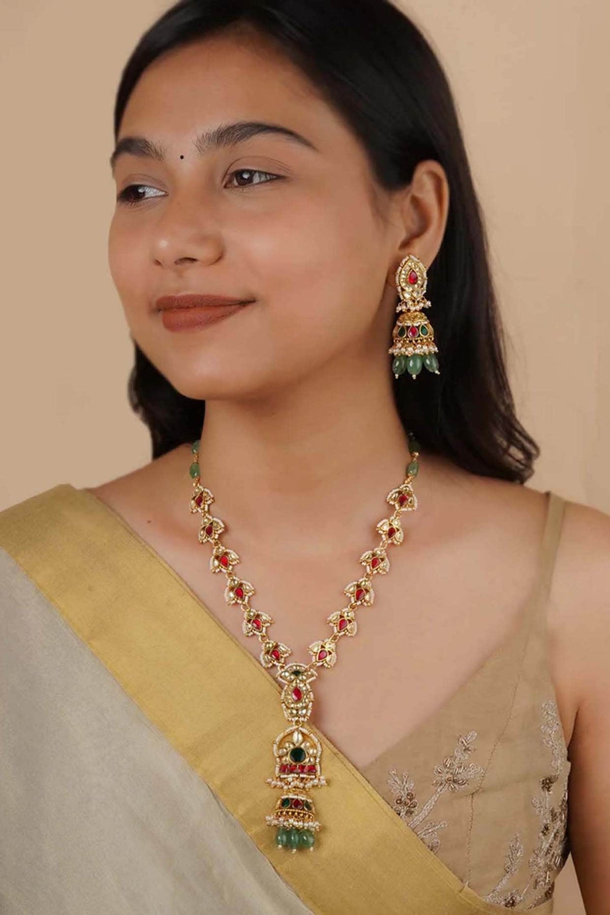 Gold Plated Uncut Polki & Beaded Jadau Long Necklace Set