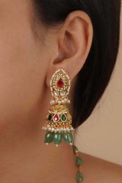 Gold Plated Uncut Polki & Beaded Jadau Long Necklace Set