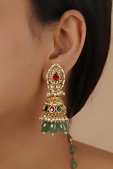 Gold Plated Uncut Polki & Beaded Jadau Long Necklace Set