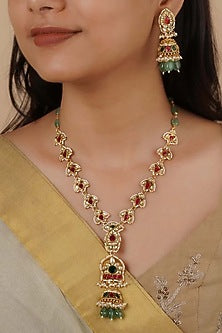 Gold Plated Uncut Polki & Beaded Jadau Long Necklace Set