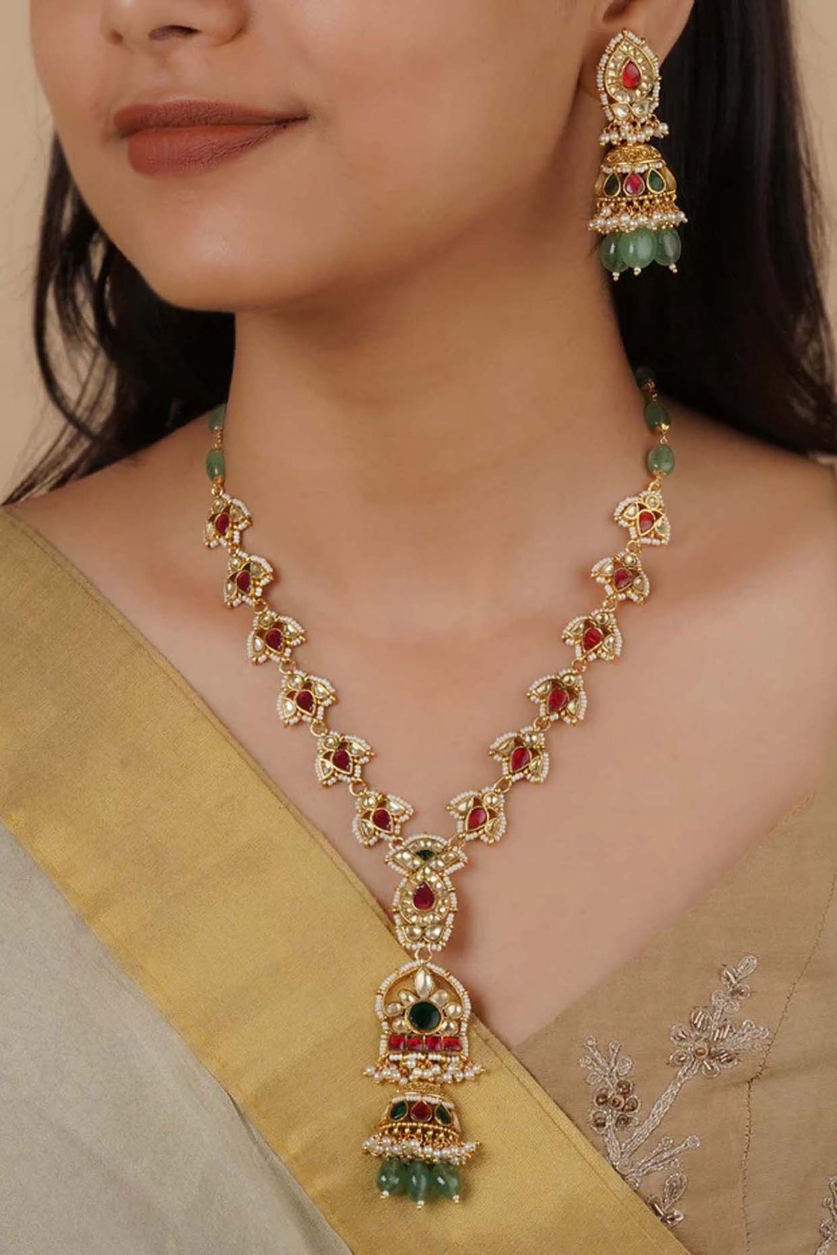 Gold Plated Uncut Polki & Beaded Jadau Long Necklace Set