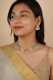 Gold Plated Uncut Polki & Beaded Jadau Choker Necklace Set