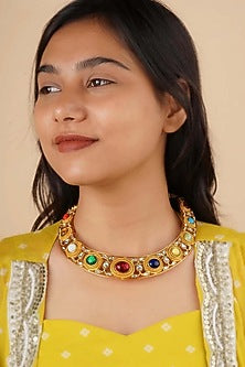 Gold Finish Jadau Kundan Polki Choker Necklace