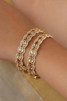 Gold Plated Uncut Polki & Beaded Jadau Bangles (Set Of 2)