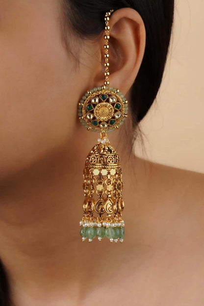 Gold Plated Uncut Polki & Beaded Jadau Dangler Earrings