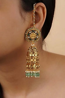 Gold Plated Uncut Polki & Beaded Jadau Dangler Earrings