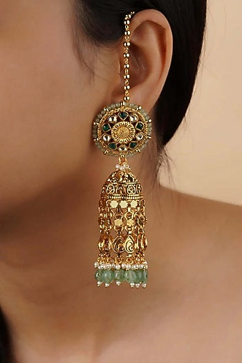 Gold Plated Uncut Polki & Beaded Jadau Dangler Earrings