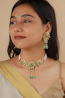 Gold Plated Uncut Polki & Beaded Jadau Choker Necklace Set