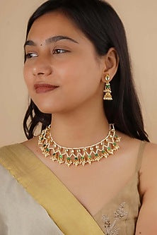 Gold Plated Uncut Polki & Beaded Jadau Choker Necklace Set
