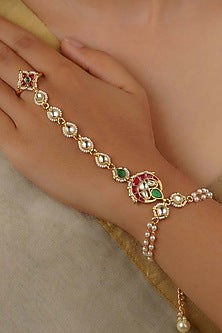 Gold Plated Uncut Polki & Beaded Jadau Haathphool