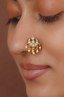 Gold Plated Uncut Polki & Beaded Jadau Nose Ring