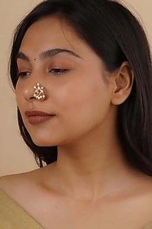 Gold Plated Uncut Polki & Beaded Jadau Nose Ring
