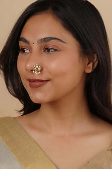 Gold Plated Uncut Polki & Beaded Jadau Nose Ring