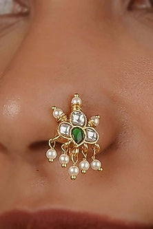Gold Plated Uncut Polki & Beaded Jadau Nose Ring