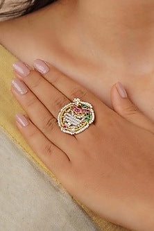 Gold Plated Uncut Polki & Beaded Jadau Ring