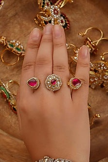 Gold Plated Uncut Polki & Beaded Jadau Ring