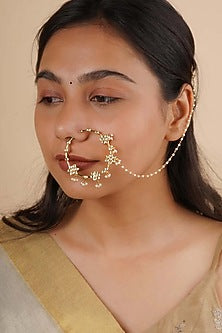 Gold Plated Uncut Polki & Beaded Jadau Nose Ring