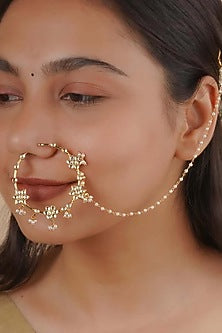 Gold Plated Uncut Polki & Beaded Jadau Nose Ring