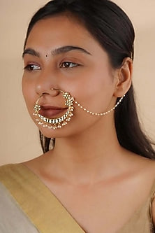 Gold Plated Uncut Polki & Beaded Jadau Nose Ring