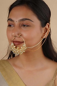Gold Plated Uncut Polki & Beaded Jadau Nose Ring