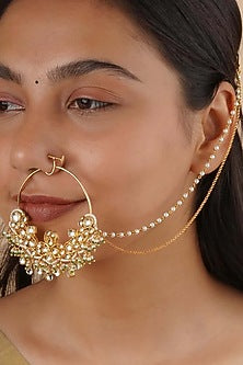 Gold Plated Uncut Polki & Beaded Jadau Nose Ring