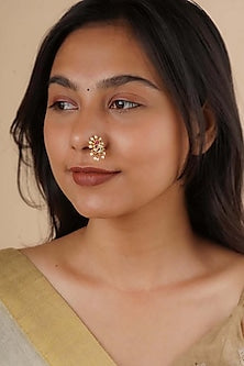 Gold Plated Uncut Polki & Beaded Jadau Nose Ring