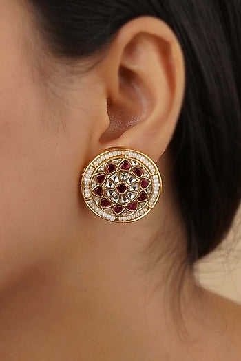 Gold Plated Uncut Polki & Beaded Jadau Stud Earrings