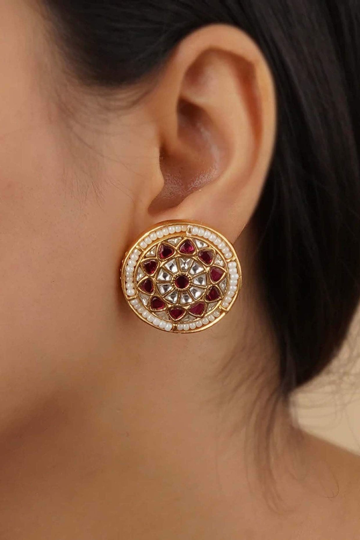 Gold Plated Uncut Polki & Beaded Jadau Stud Earrings